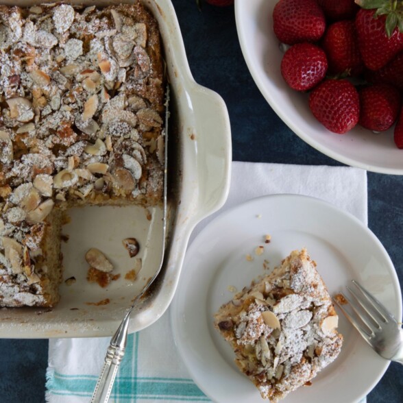 french toast casserole in a white baking dish