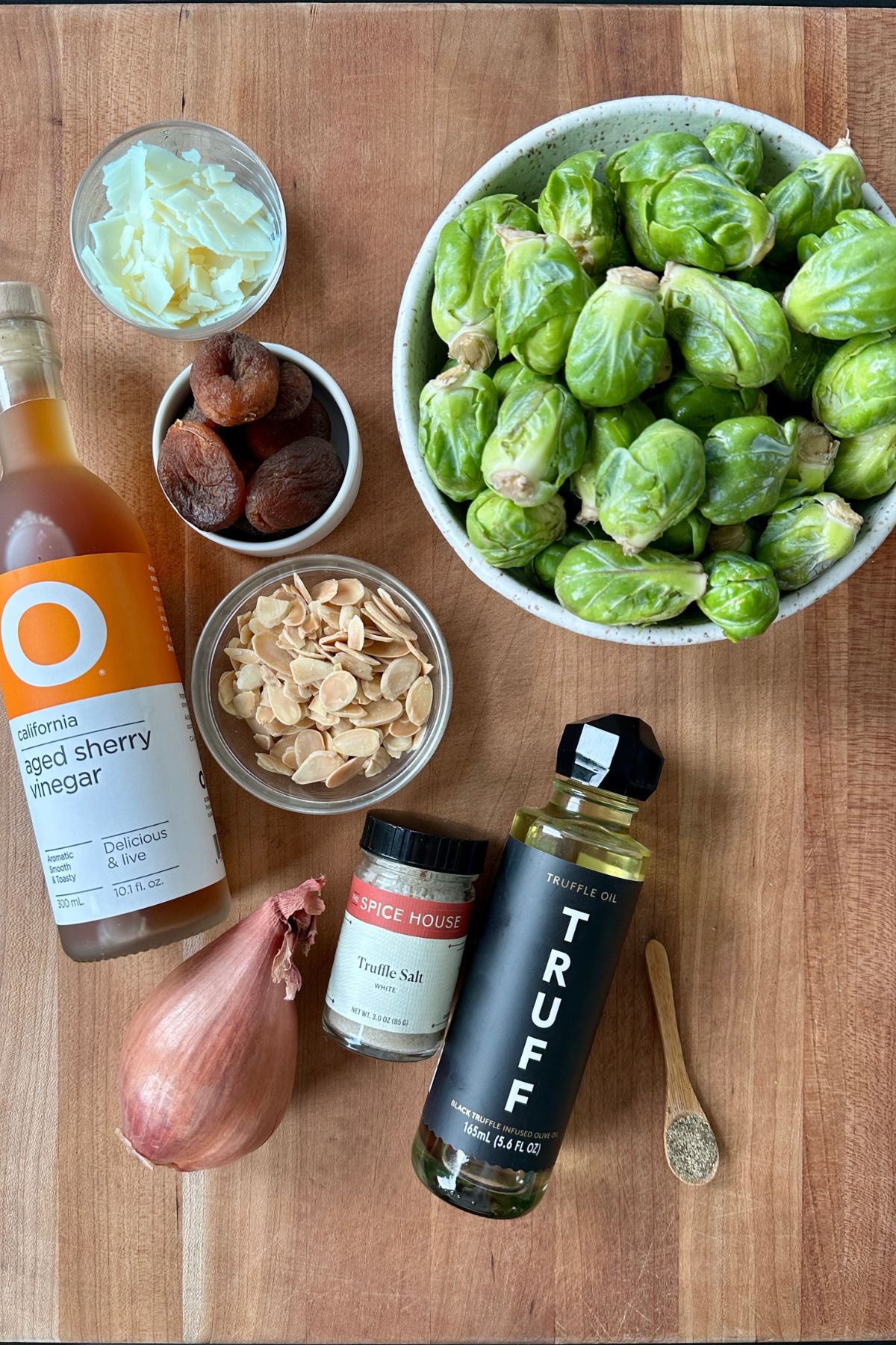 recipe ingredients including brussels sprouts, and truffle oil for the dressing. 