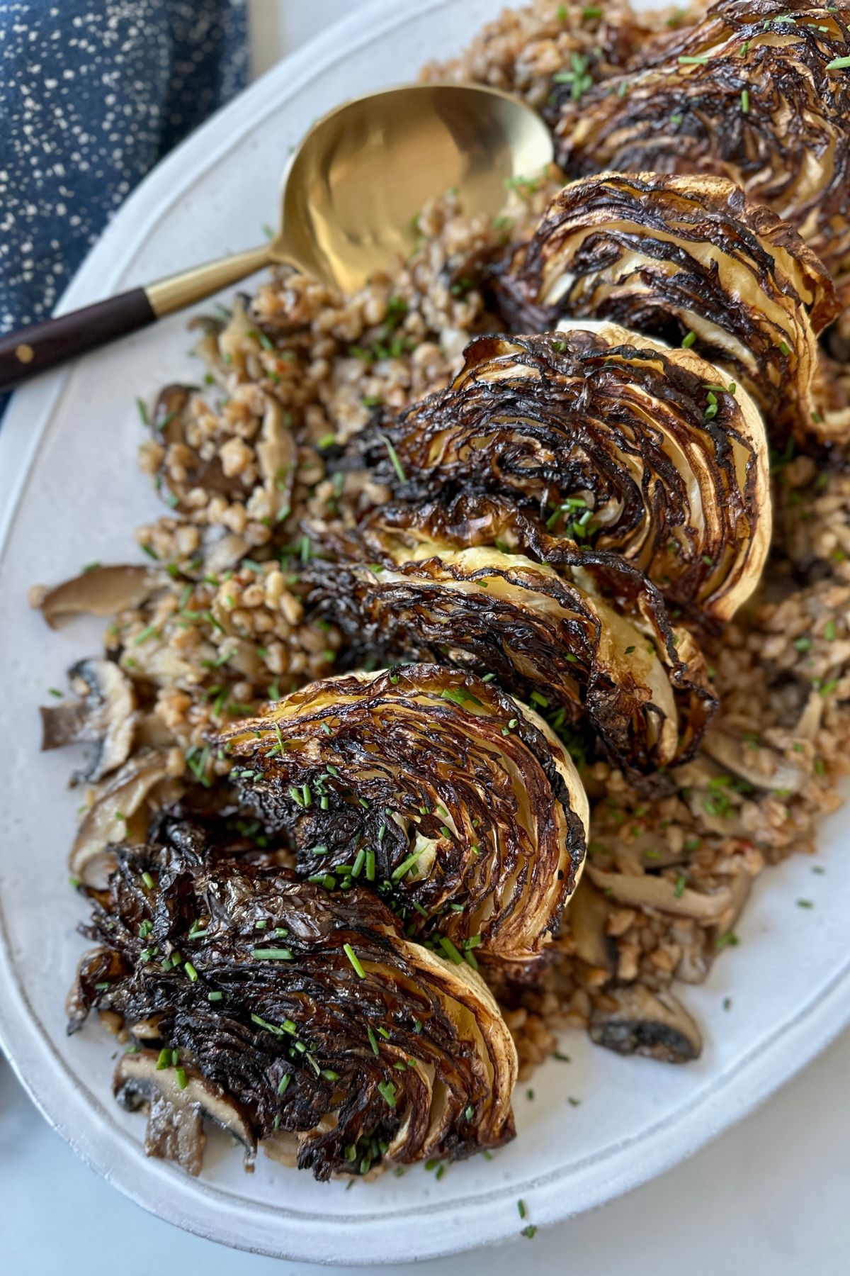 Close-up of mushroom farro on a white serving platter topped with charred cabbage.