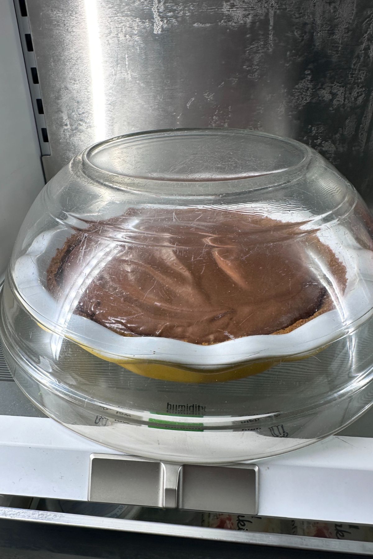 Gingersnap pie crust with chocolate pie filling covered with a clear lid in the fridge.
