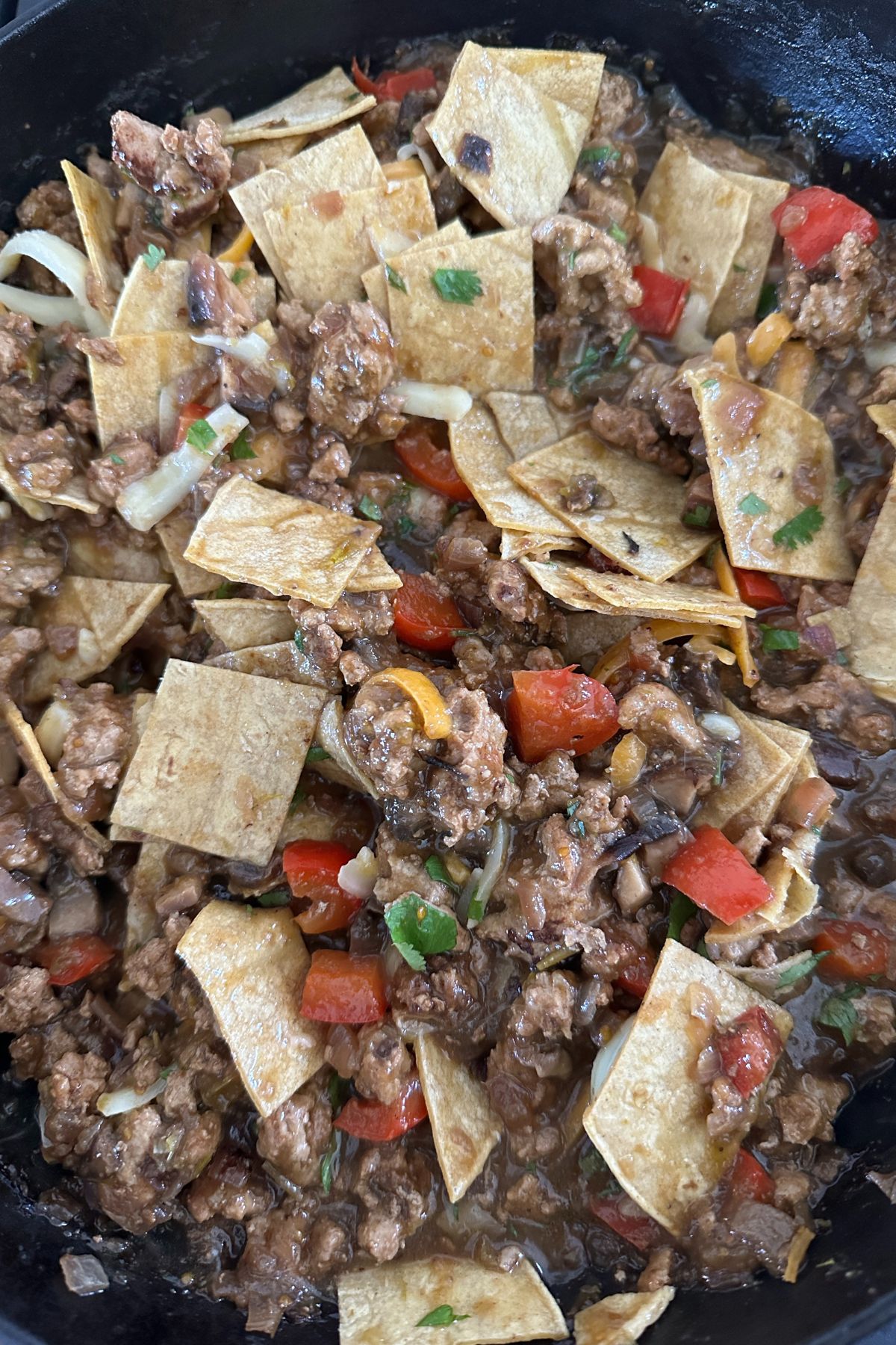 Skillet filled with enchilada sauce, tortilla strips, and vegetables simmering together with meat pieces nestled in.