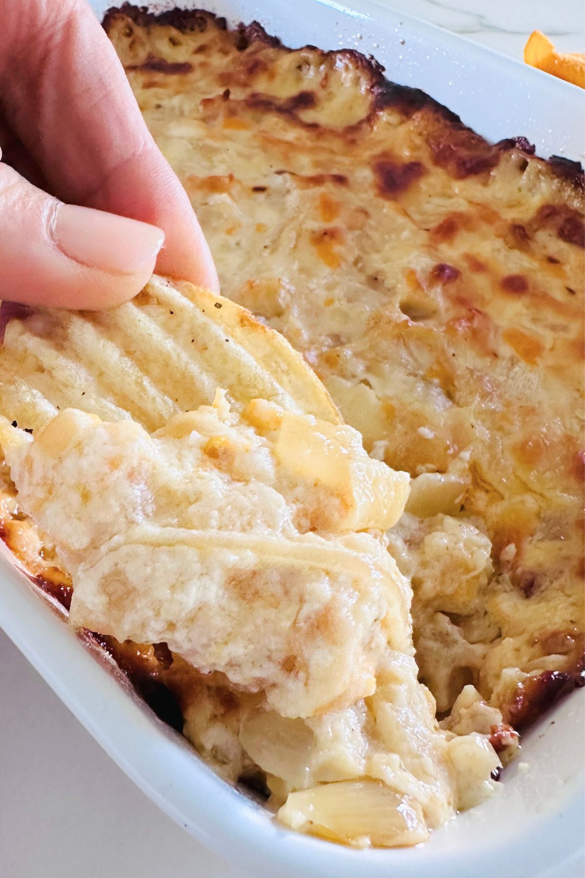 A hand holding a potato chip with hot onion dip on it; the pan of hot onion dip is visible in the background.