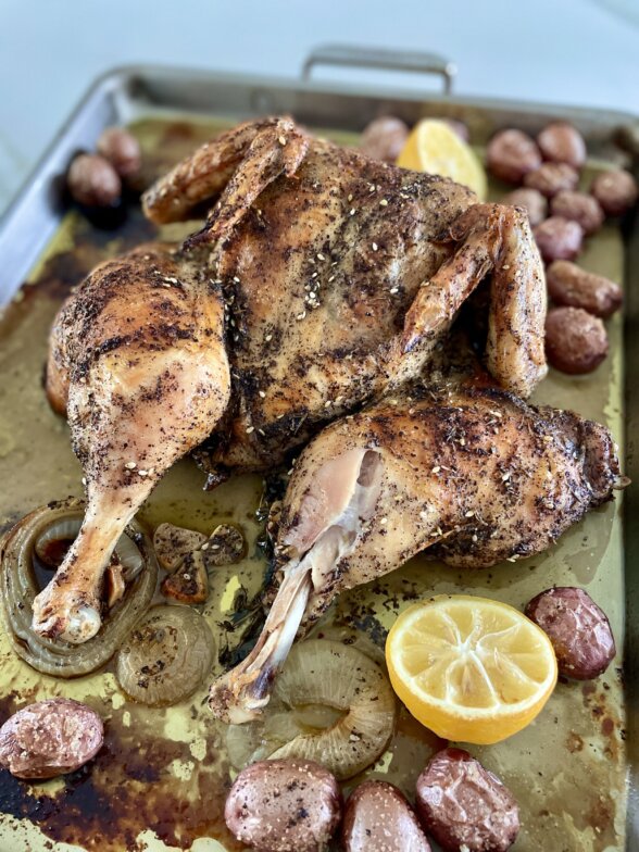 roasted lemon sumac chicken out of the oven