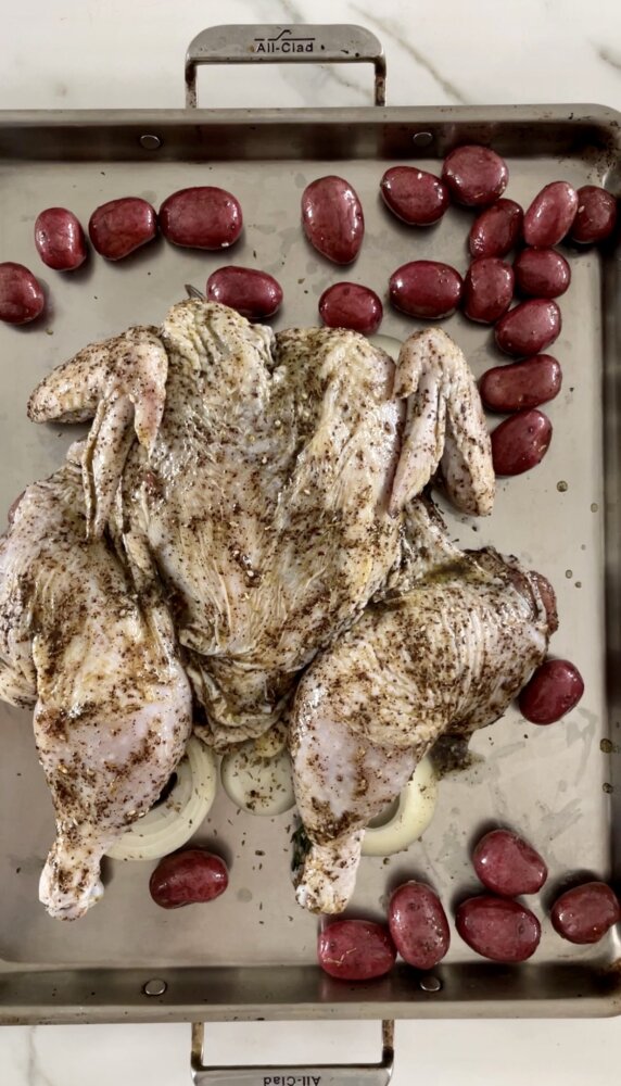 spatchcocked chicken with potatoes 