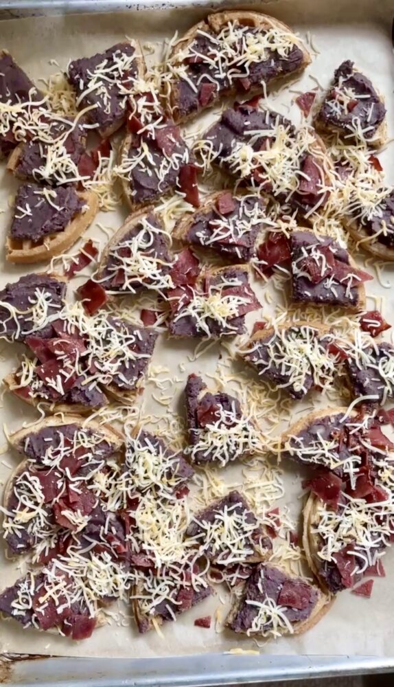 waffles with beans, bacon and cheese