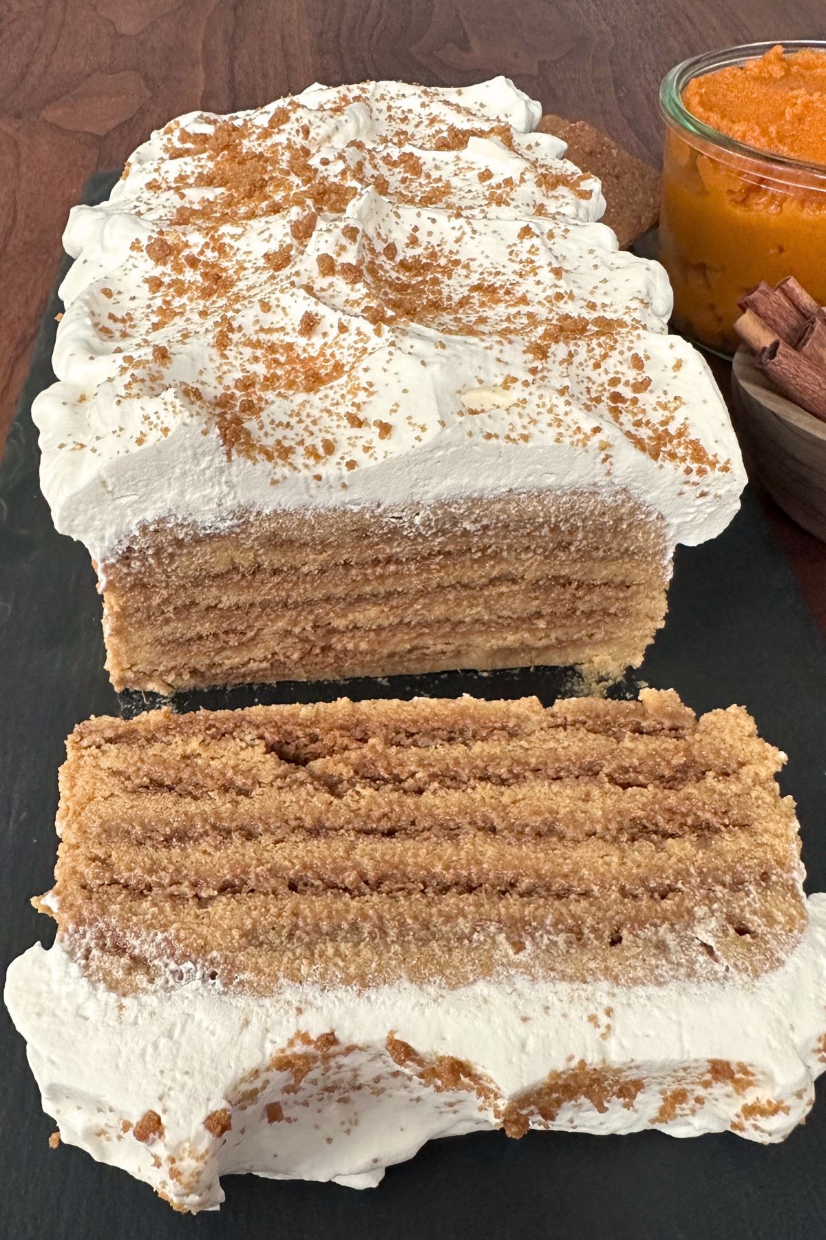 Pumpkin icebox cake sliced and ready to serve.