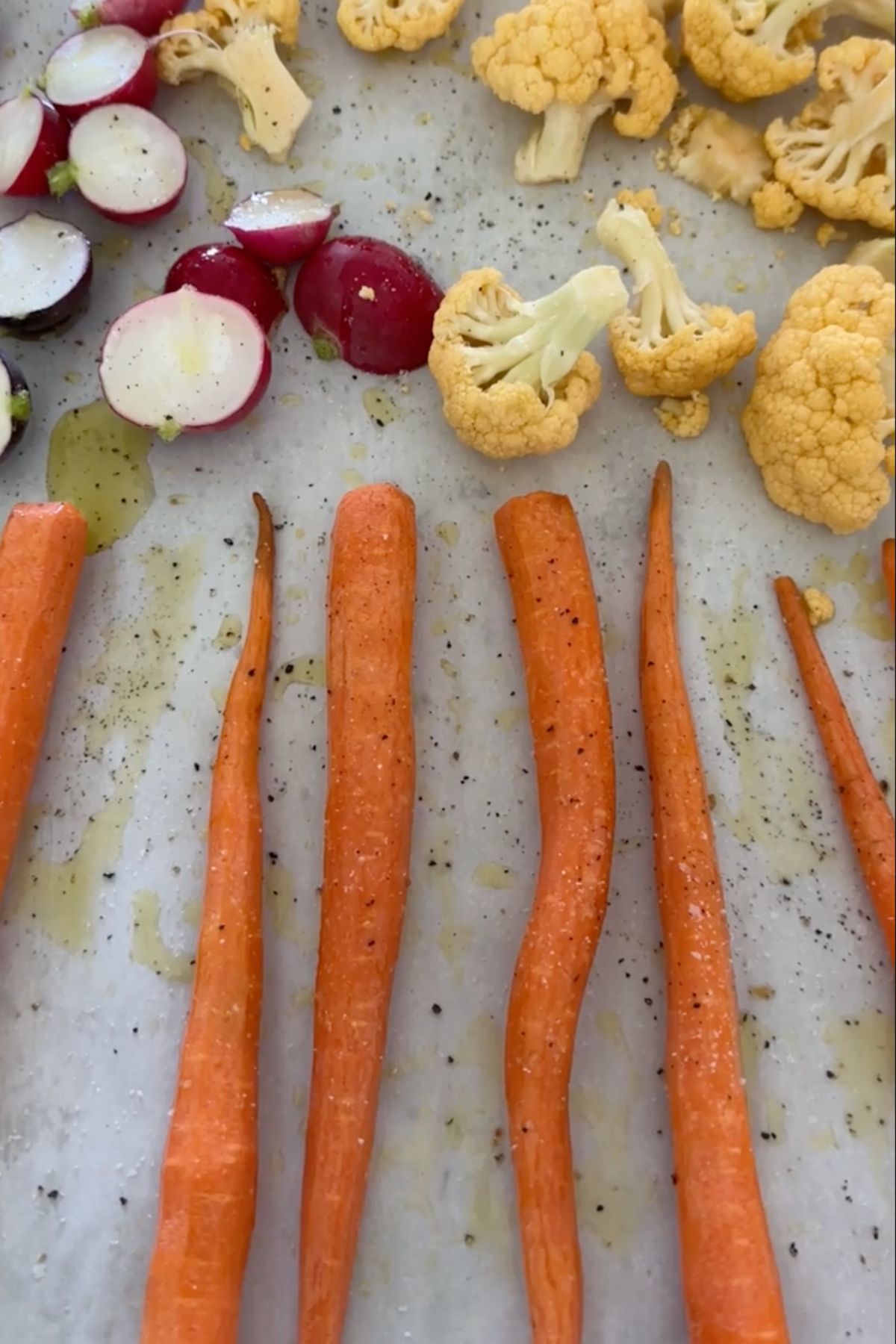 roasted spring veggies on parchment paper