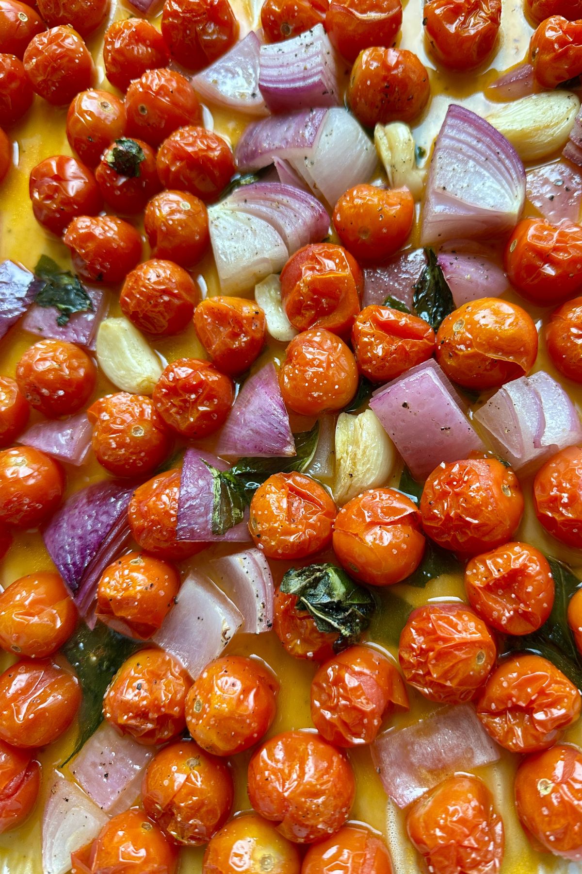 veggies roasted out of the oven on a baking sheet. 