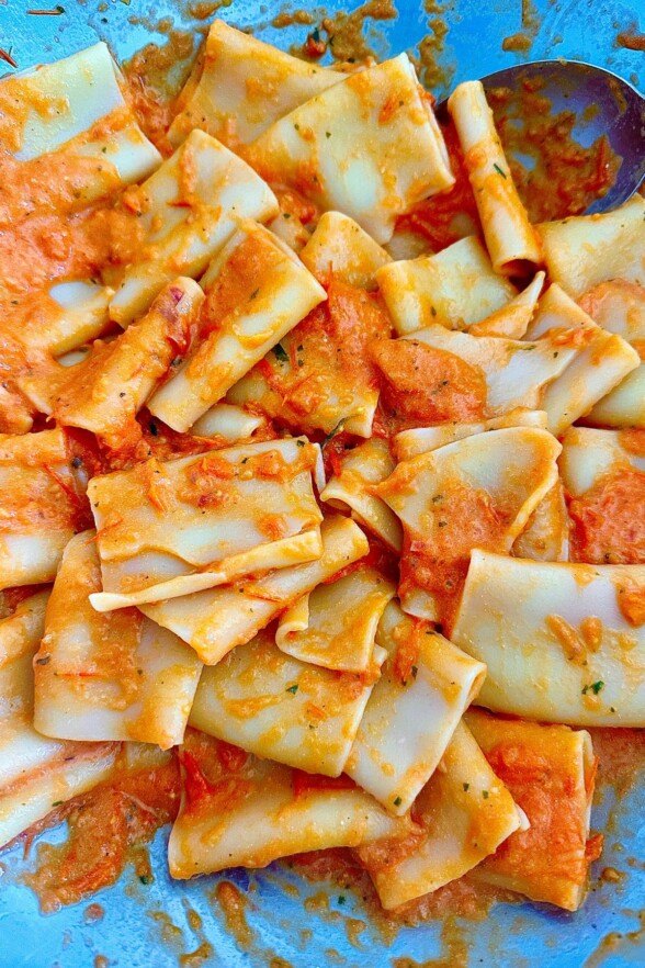 cooked pasta tossed in roasted tomato sauce 